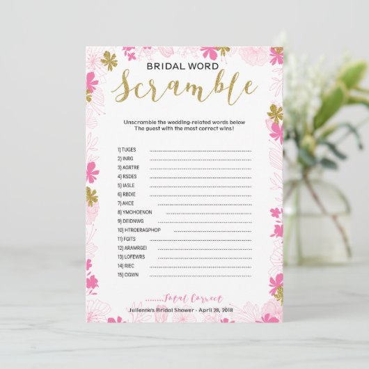 Bruids Woord Scramble | roze gouden bloemen Kaart (Staand voorkant)