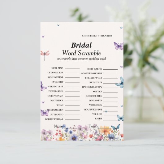 Bruids woord scramble vrijgezellenfeest spel kaart (Staand voorkant)