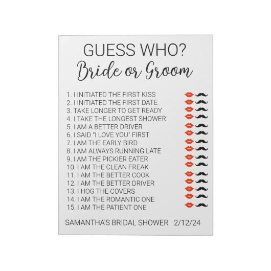 Bruidsbad spel Raad wie Notitieblok (Linkerzijde)