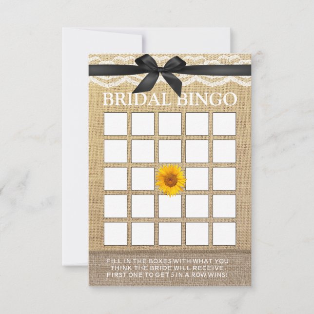 Bruidsbingo met Zwart Lint Zonnebloem Jute Elegant (Voorkant)
