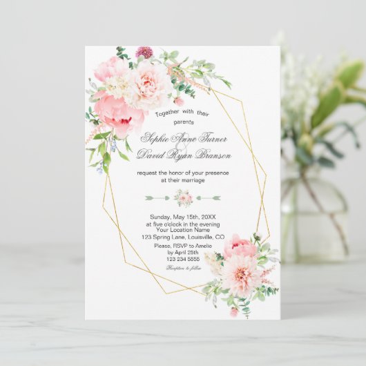 Bruidsbloemen Roze Bloemen Gouden Trouw Kaart (Staand voorkant)