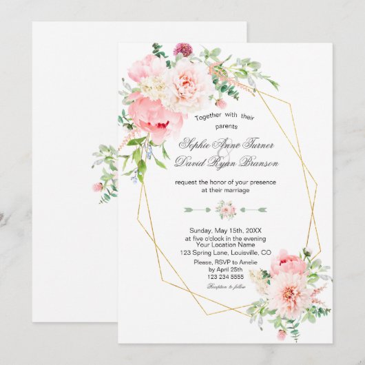 Bruidsbloemen Roze Bloemen Gouden Trouw Kaart (Voorkant / Achterkant)
