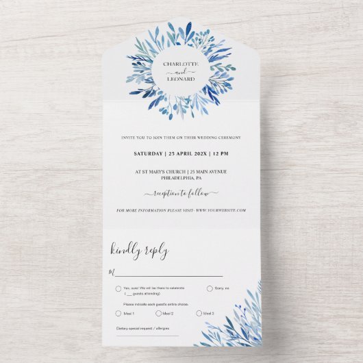 Bruidsboeket Blauwe Bladeren Trouwkaart All-in-One All In One Uitnodiging (Binnen)