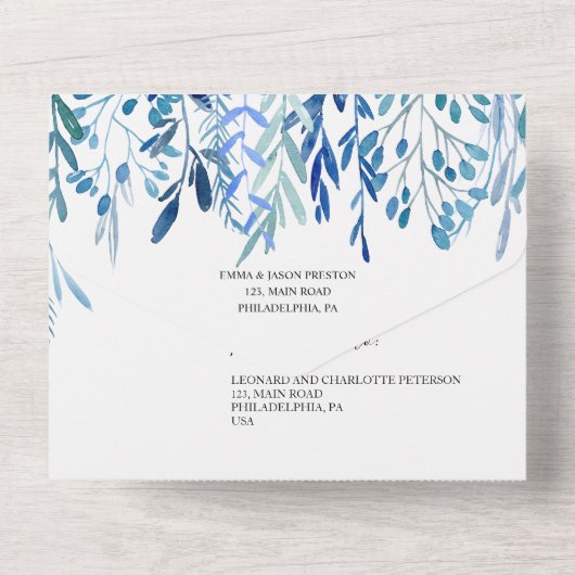 Bruidsboeket Blauwe Bladeren Trouwkaart All-in-One All In One Uitnodiging (Achterkant)
