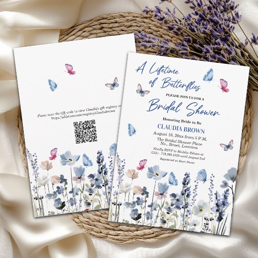 Bruidsboeket Blauwe Bloemen QR Code Bruiloft Feest Kaart