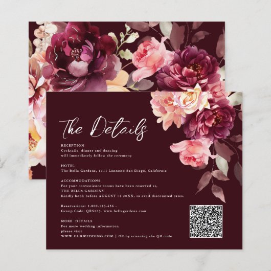 Bruidsboeket Bloem Burgundy QR code Details Trouwe (Voorkant / Achterkant)
