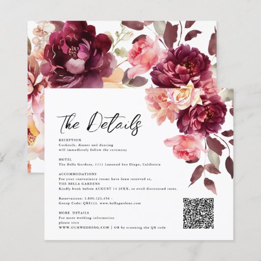 Bruidsboeket Bloem Burgundy QR code Details Trouwe (Voorkant / Achterkant)