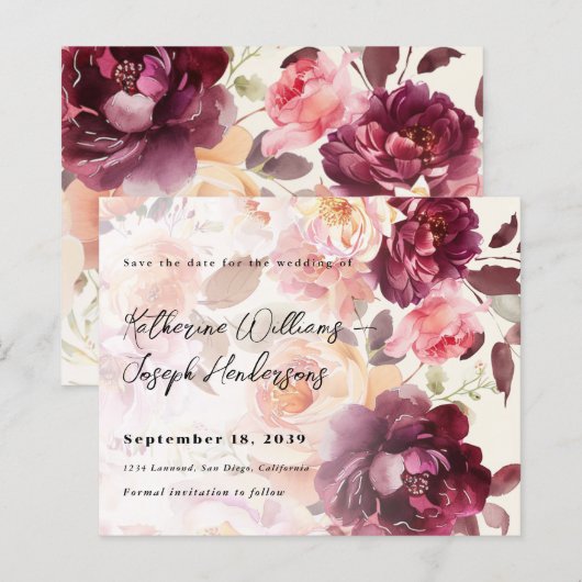 Bruidsboeket Bloemig Bourgondië Trouw Save the Dat (Voorkant / Achterkant)