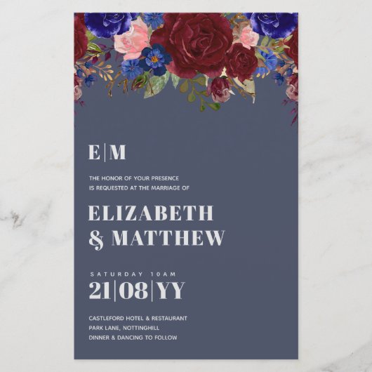 Bruidsboeket Bourgondië blauwe rozen trouwkaart (Voorkant)