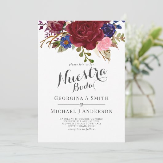 Bruidsboeket Bourgondië Bloemend Navy Blauwe Roze  Kaart (Staand voorkant)