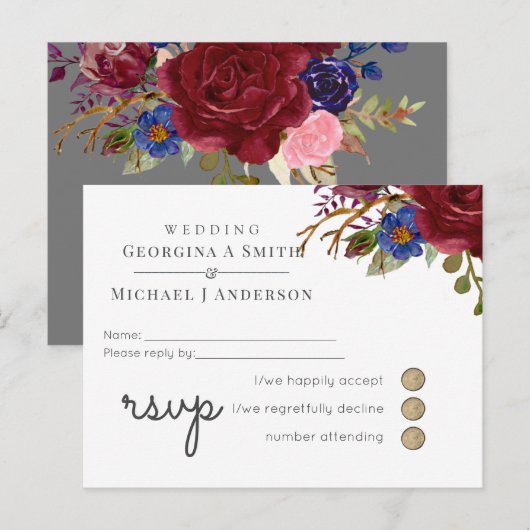 Bruidsboeket Burgundy Blauw Roze HUWELIJK RSVP Uitnodiging Briefkaart (Voorkant / Achterkant)