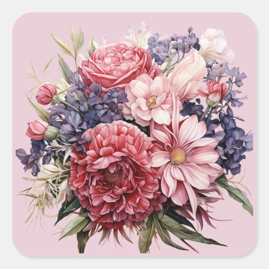Bruidsboeket Burgundy Roze Paars Vierkante Sticker (Voorkant)