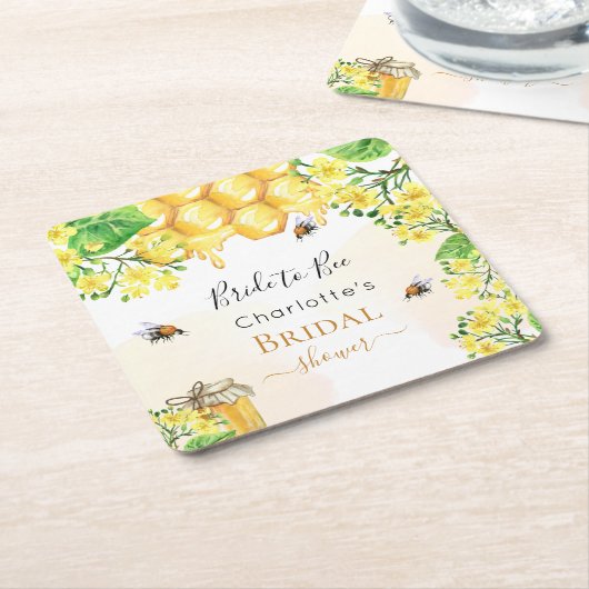 Bruidsboeket met honingbijen, gele bloemen kartonnen onderzetters (Schuin)