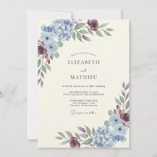 Bruidsboeket met korenbloem, violette hortensia en kaart