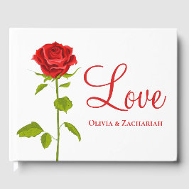 Bruidsboeket met rode rozen voor trouwfeest gastenboek