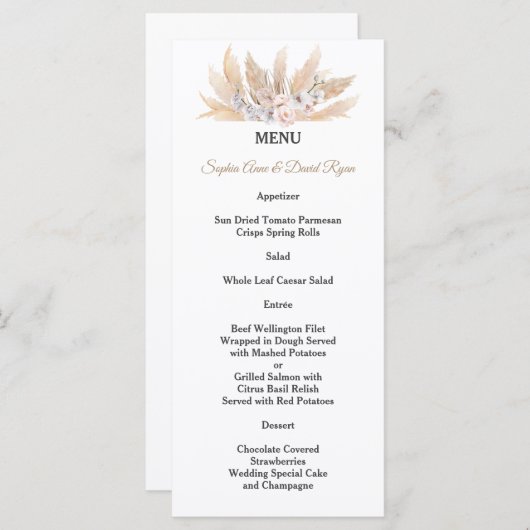 Bruidsboeket met Roze Rozen Witte Orchidee Pampas  Menu (Voorkant / Achterkant)