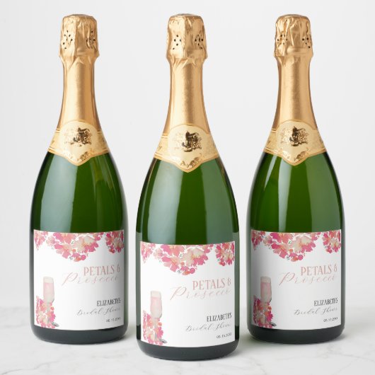 Bruidsboeket & Prosecco Bruiloft Bloemen Roze Sparkling Wijnetiket (Flessen)