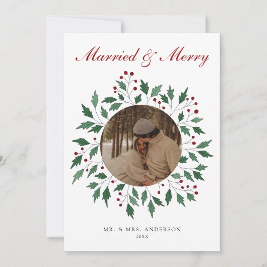 Bruidsboeket Script Getrouwd & Blij Pasgetrouwd Fo Feestdagenkaart (Voorkant)