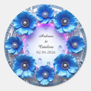 Bruidsboeket van glinsterende blauwe bloemen ronde sticker