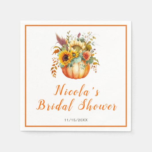 Bruidsboeket van pompoenbloemen op bruidsdiner servet (Voorkant)