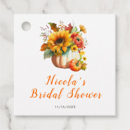 Bruidsboeket van pompoenbloemen op bruiloftsfeest bedankjes labels