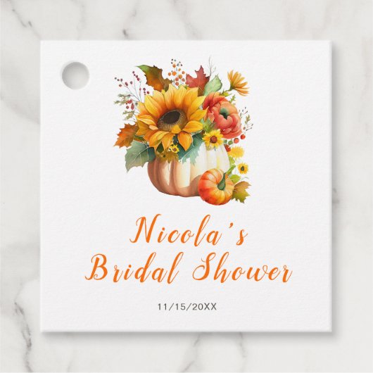 Bruidsboeket van pompoenbloemen op bruiloftsfeest bedankjes labels (Voorkant)