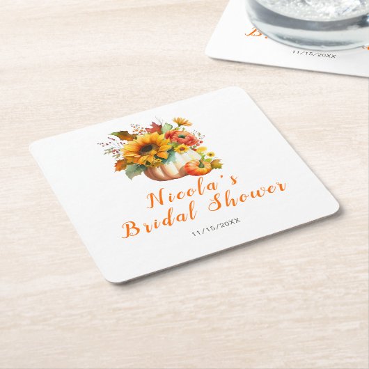 Bruidsboeket van pompoenbloemen op bruiloftsfeest kartonnen onderzetters (Schuin)