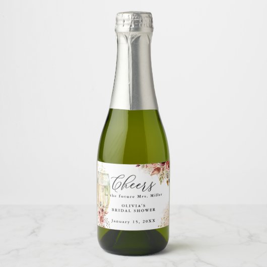 Bruidsboeket Wijnglas Roest en Goud Bruiloft Sparkling Wijnetiket (Voorkant)