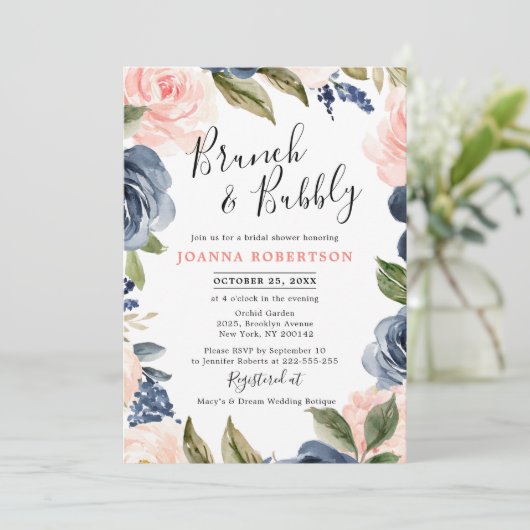 Bruidsboho feest in Navy Blauwe Roze Roos Kaart (Staand voorkant)