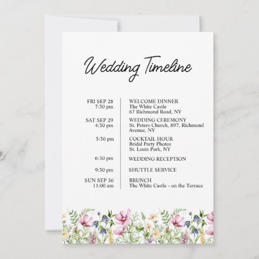 Bruidsbriefkaart voor welkomsttas met wilde bloeme kaart (Achterkant)