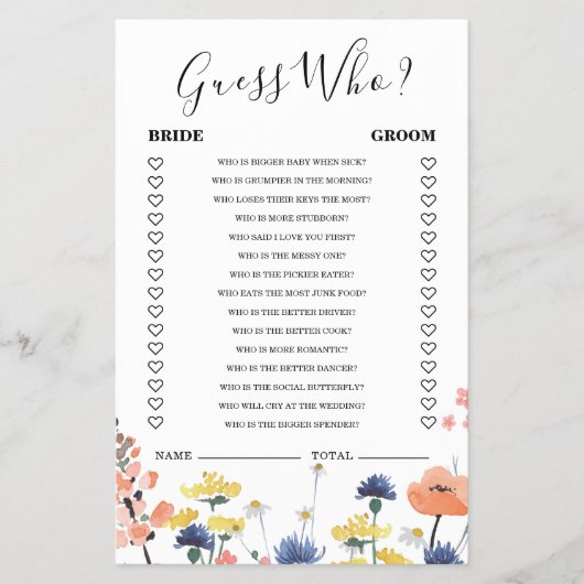 Bruidsbruiloft wildflower Raad Wie Game Flyer (Voorkant)