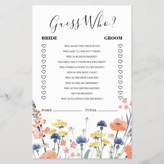 Bruidsbruiloft wildflower Raad Wie Game Flyer (Voorkant)