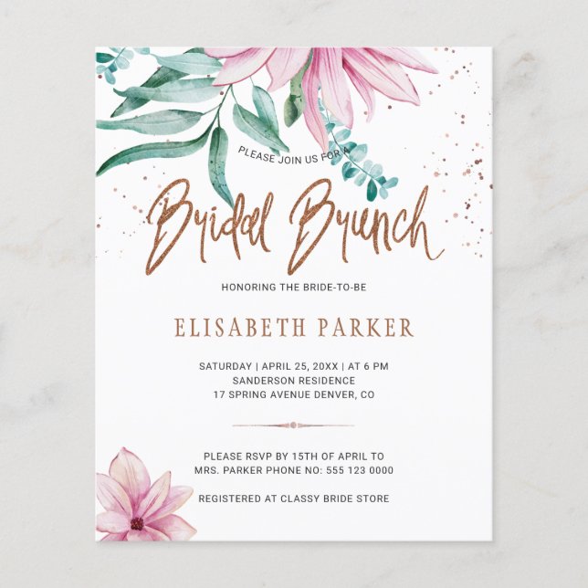 Bruidsbrunch chic bloemige uitnodiging voor bruids (Voorkant)