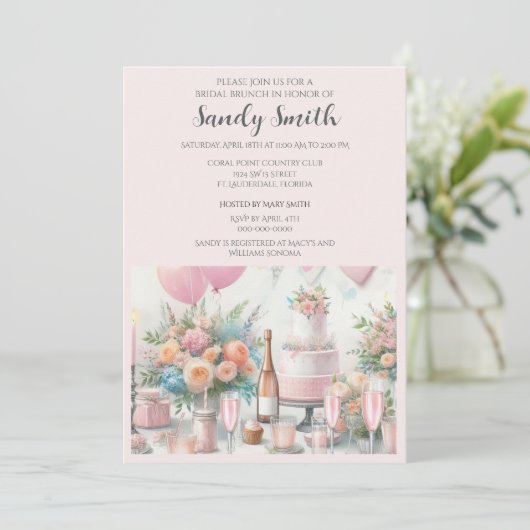 Bruidsbrunch met roze uitnodiging (Staand voorkant)