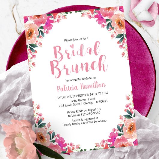 Bruidsbrunch uitnodigingen hete roze bloemen