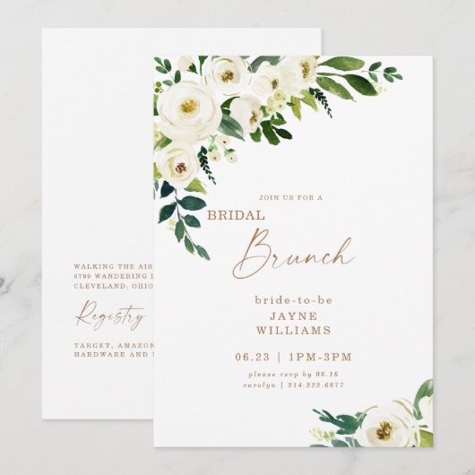 Bruidsbrunch Witte Bloemen Uitnodiging (Voorkant / Achterkant)