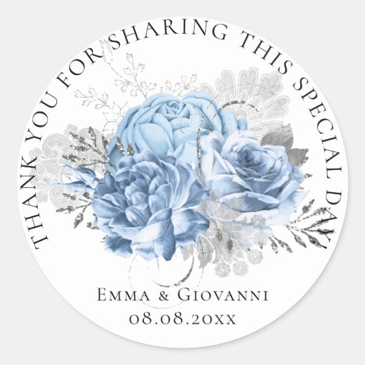 Bruidscadeau 16e Dank Bloem Wit Blauwe Krans Ronde Sticker (Voorkant)