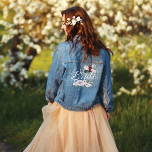 Bruidschrift Bourgondië & Roze Waterverf Flowers Denim Jacket