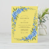 Bruidsdecoratie met korenbloem, citroenhydrangea e kaart (Staand voorkant)