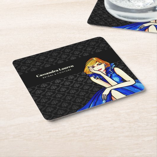 Bruidsdonkere koninklijk blauwe cocktailjurk Zwart Kartonnen Onderzetters (Schuin)