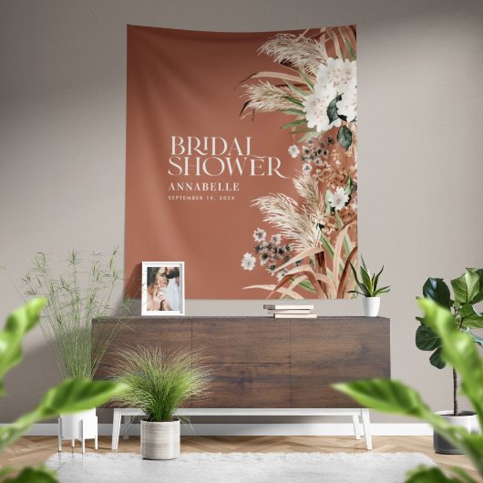 Bruidsdouche pampas moderne elegante terracotta wandkleed