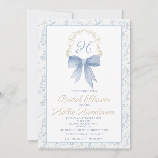 Bruidsdouche uitnodiging Blauw Damast en Goud (Voorkant)