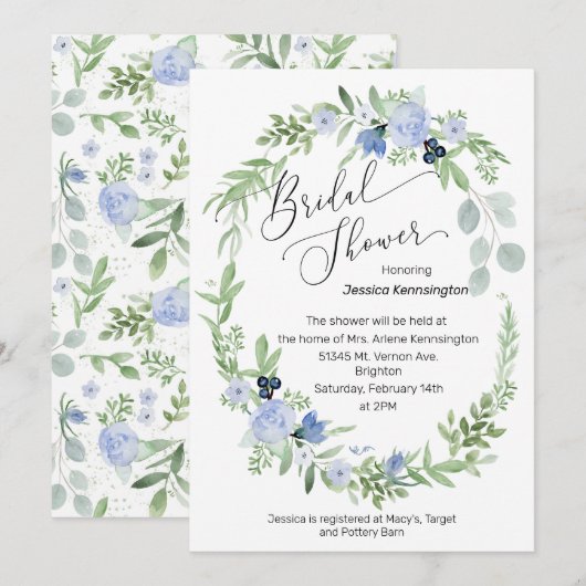 Bruidsdouche uitnodiging Blauwe Waterverf (Voorkant / Achterkant)