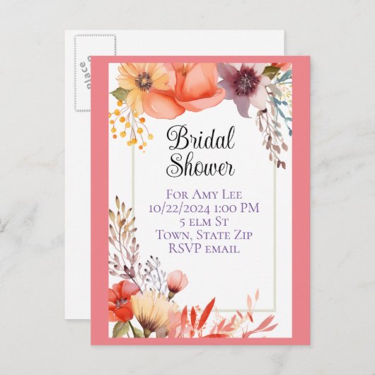 Bruidsdouche uitnodiging briefkaarten (Voorkant / Achterkant)