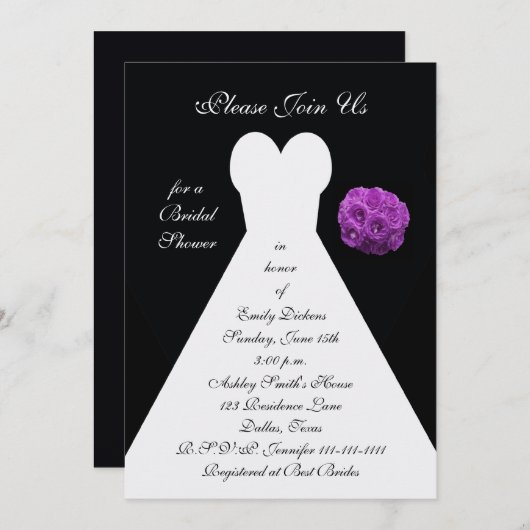 Bruidsdouche uitnodiging — Bruidsjurk w Paarse (Voorkant / Achterkant)