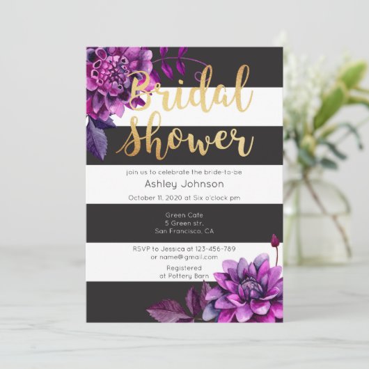 Bruidsdouche uitnodiging goud. Zwart en paars (Staand voorkant)