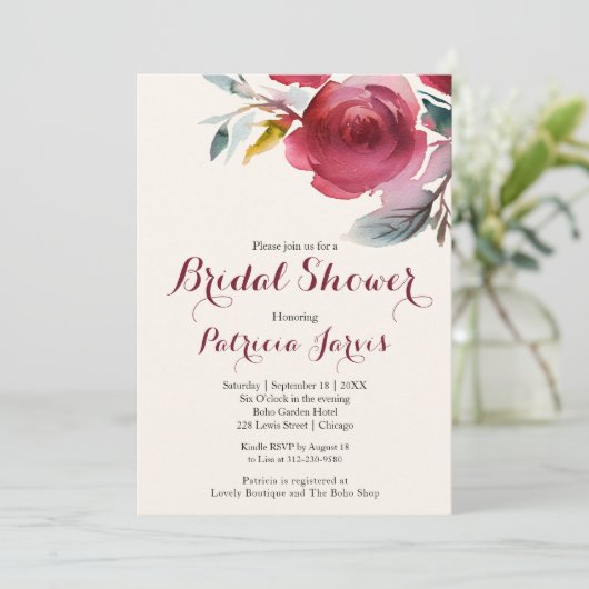 Bruidsdouche uitnodiging Marsala Chic Boho Floral (Staand voorkant)