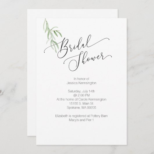 Bruidsdouche uitnodiging Olijftak Waterverf (Voorkant / Achterkant)