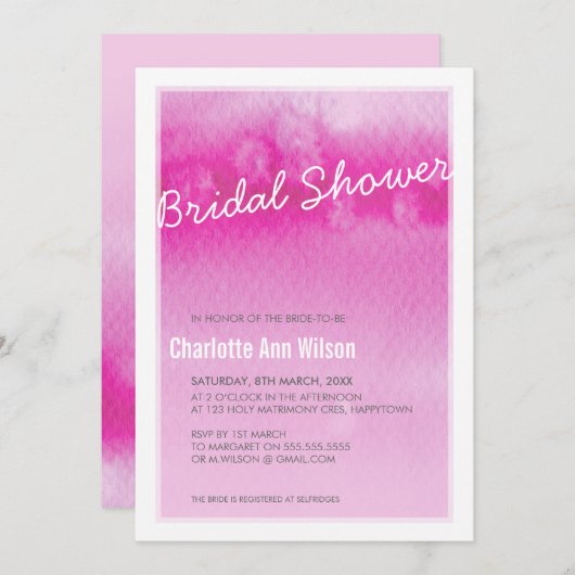 BRUIDSDOUCHE UITNODIGING: ombre waterverf roze Kaart (Voorkant / Achterkant)