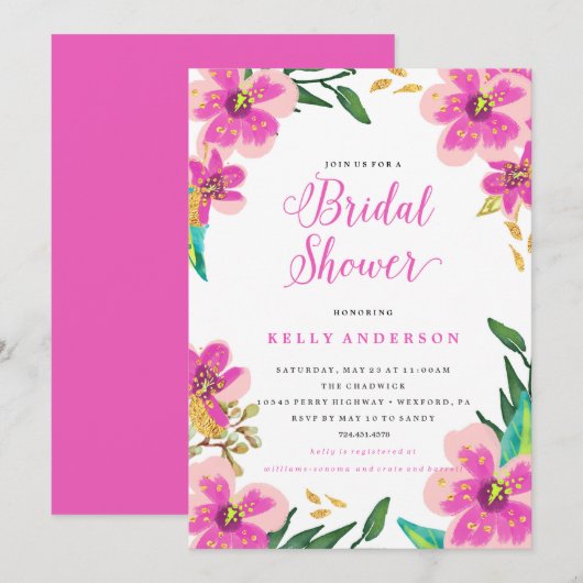 BRUIDSDOUCHE UITNODIGING - paarse gouden bloemen (Voorkant / Achterkant)